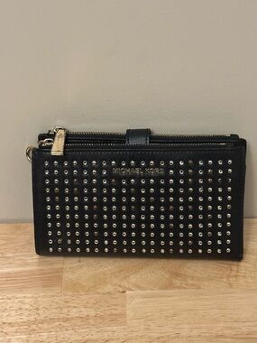 Michael Kors Black Studded Leather Cellphone Wallet with Gold Hardware